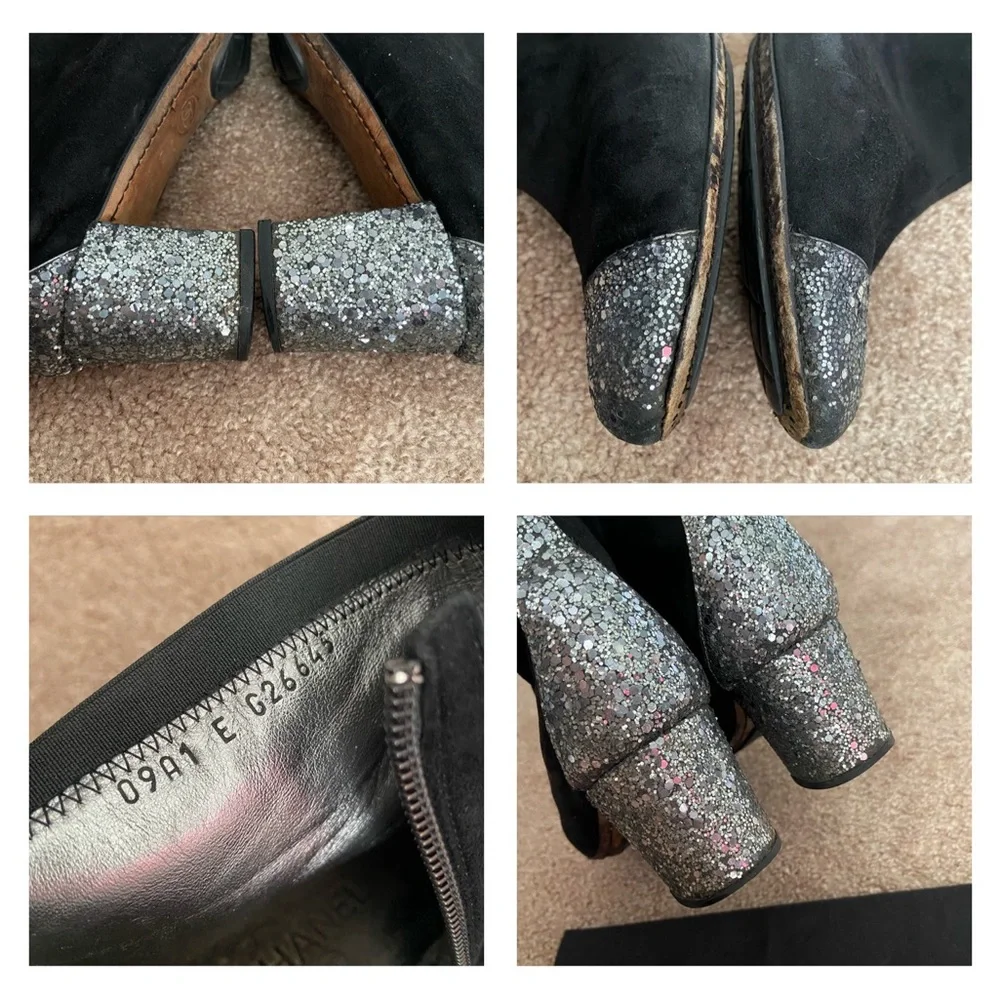 Chanel Black Suede Ankle Boots Booties with Glitters Heels and Toes